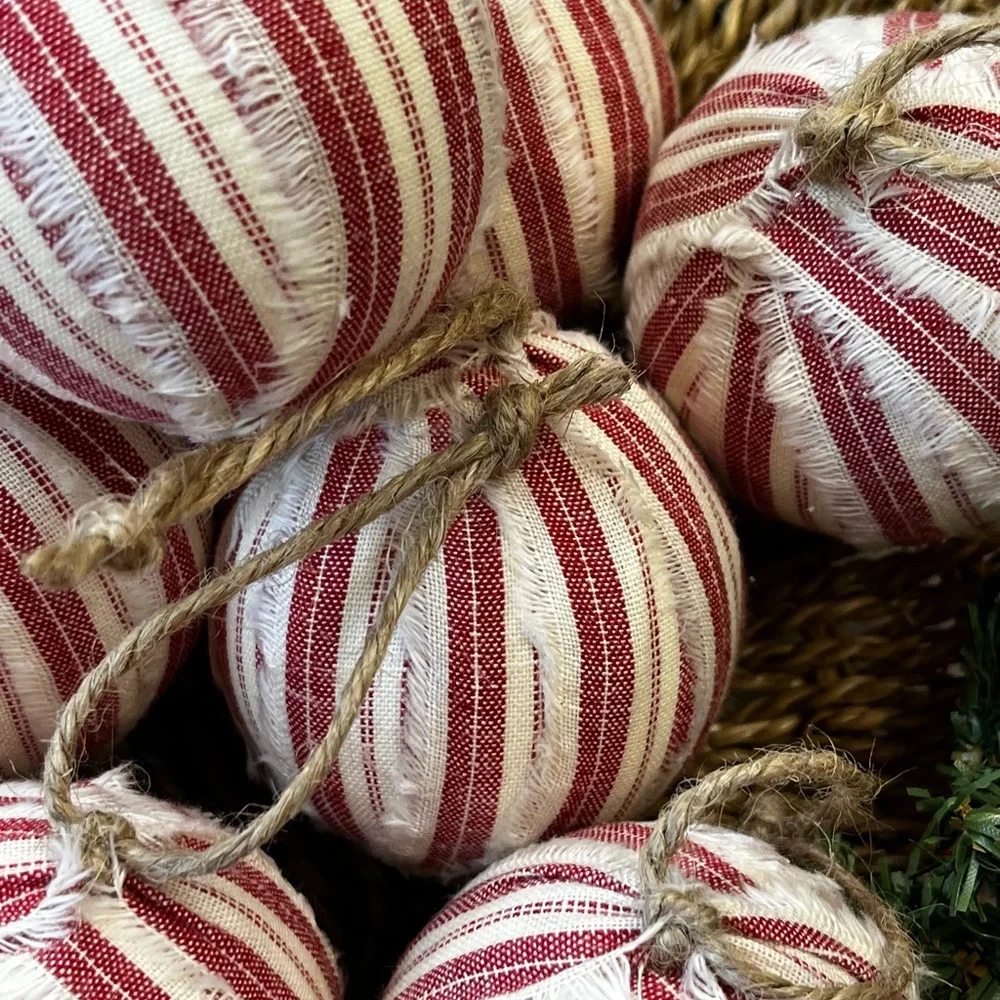 10 Primitive red stripe Fabric RAG BALLS Christmas Ornaments farmhouse decor
